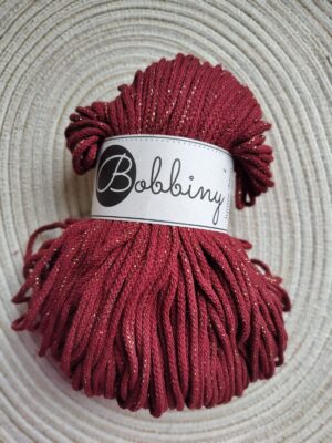 Bobbiny sznurek do makramy Czerwone Wino ze złotą nitką 3mm pleciony 100m