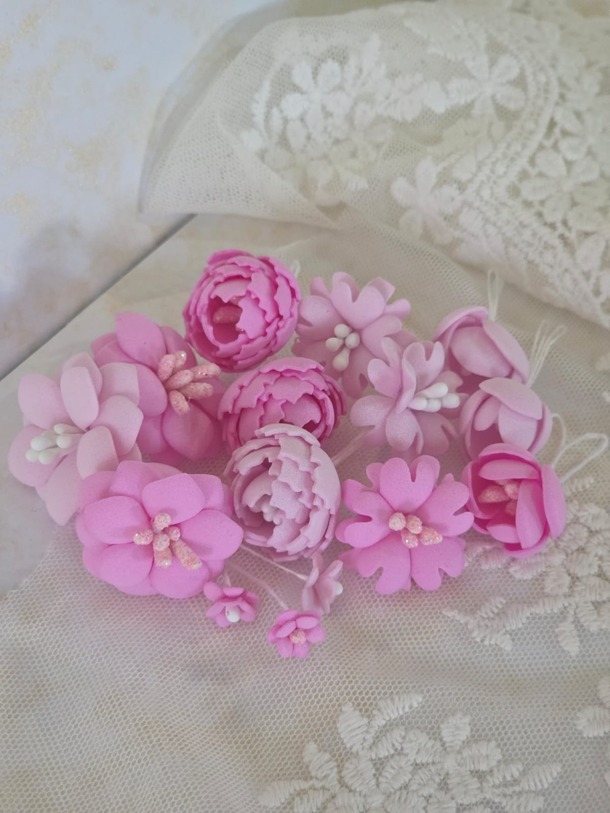 Kwiatki z Foamiranu do Makramy i Ramek 0,5-2,5cm róż - Zestaw 15 szt. Poludniowa.com.pl ZK16