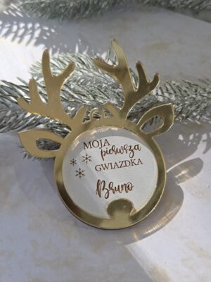 Bombka z imieniem złota plexi i biały HDF personalizowana 10x8cm ZH3